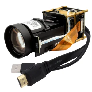 4K HDMI USB Motorized Zoom Camera Module - 21x Option — Bare motorized zoom camera module with lens, exposed boards and HDMI and USB cable connectors.