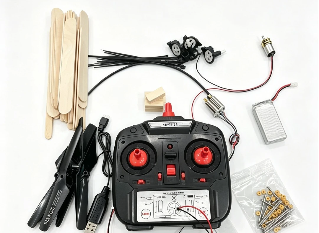 DIY Transforming Drone Materials Kit — Partial layout of DIY drone kit parts with wooden sticks, controller, motors and assembly hardware on a white background.