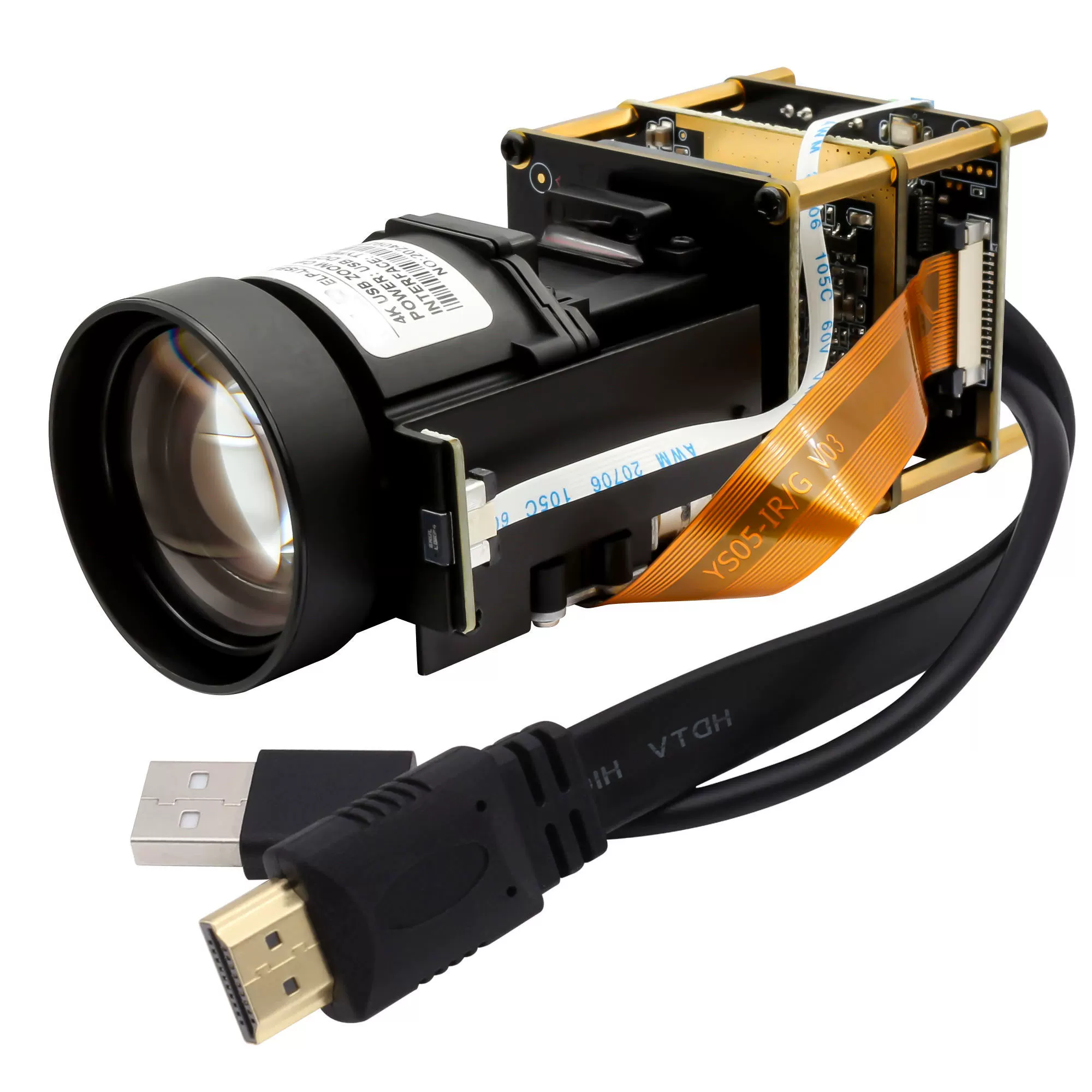4K HDMI USB Motorized Zoom Camera Module - 21x Option — Bare motorized zoom camera module with lens, exposed boards and HDMI and USB cable connectors.