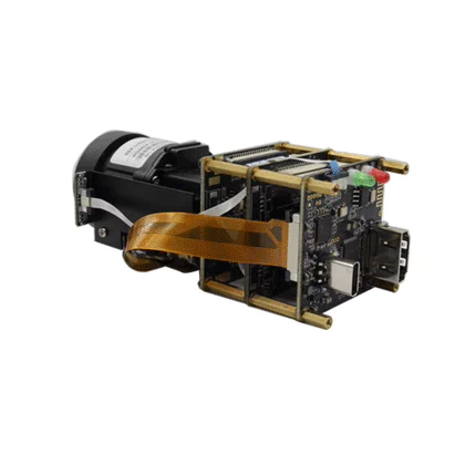 4K HDMI USB Motorized Zoom Camera Module - 21x Option — Rear three-quarter view of the camera module showing exposed boards and ribbon cable.