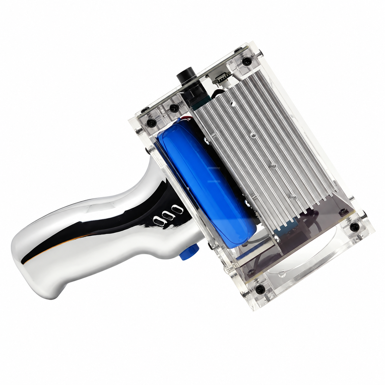 Handheld Tesla Coil V3.0 Plus - 2600mAh — Handle and heat sink assembly of the handheld Tesla coil on a white background.