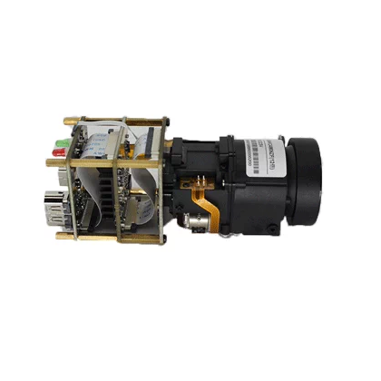 4K HDMI USB Motorized Zoom Camera Module - 21x Option — Side view of the bare camera module with lens and gold mounting spacers.