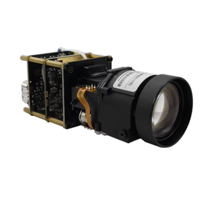 4K HDMI USB Motorized Zoom Camera Module - 21x Option — Front three-quarter view of the camera module and lens.