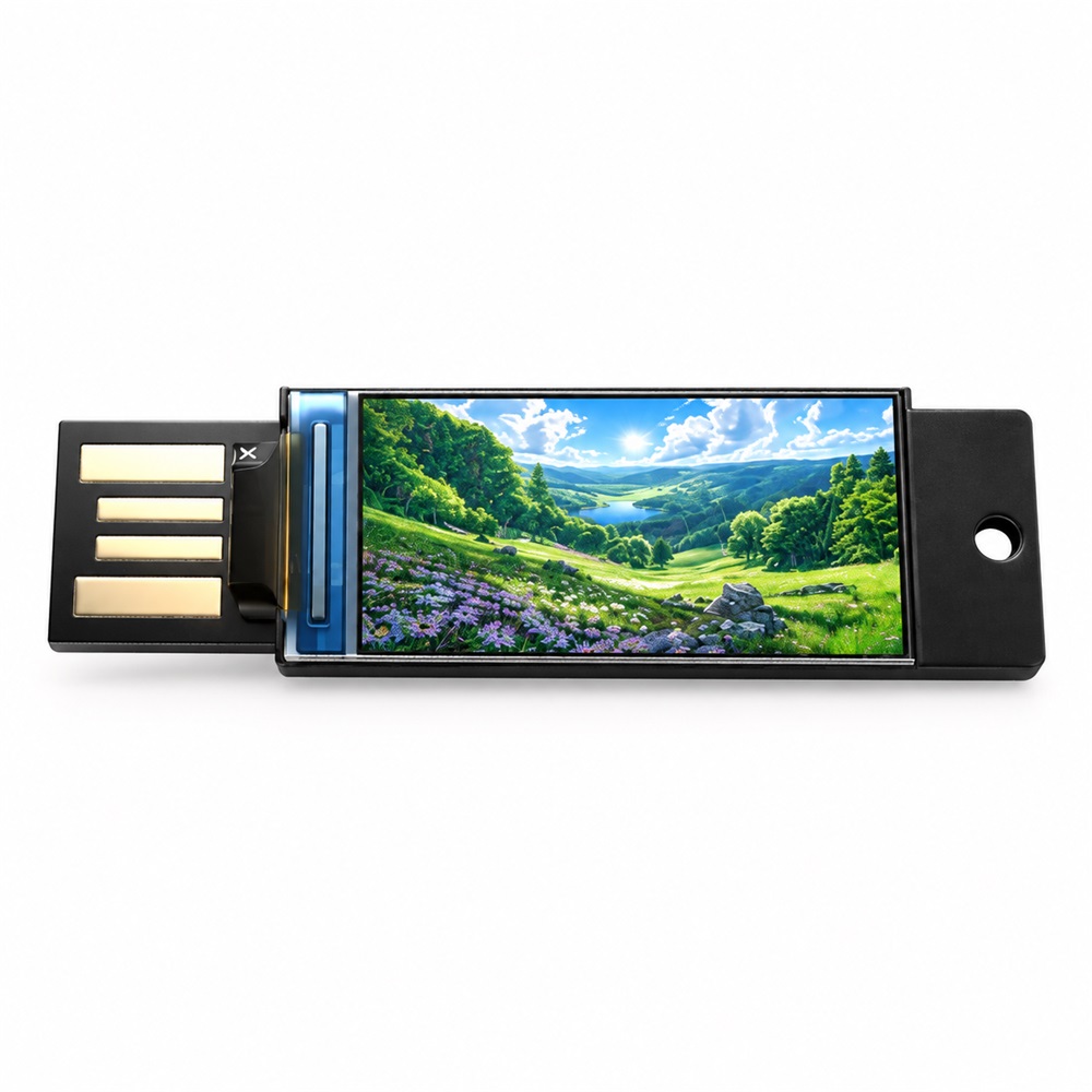 0.96-Inch USB Mini Color Display for Windows - Assembled — Front view of the USB mini color display showing a landscape on a white background