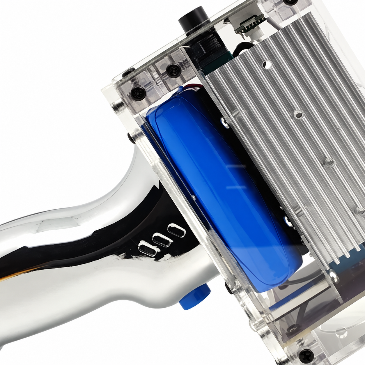 Handheld Tesla Coil V3.0 Plus - 2600mAh — Close-up of the handle, blue battery and finned heat sink.