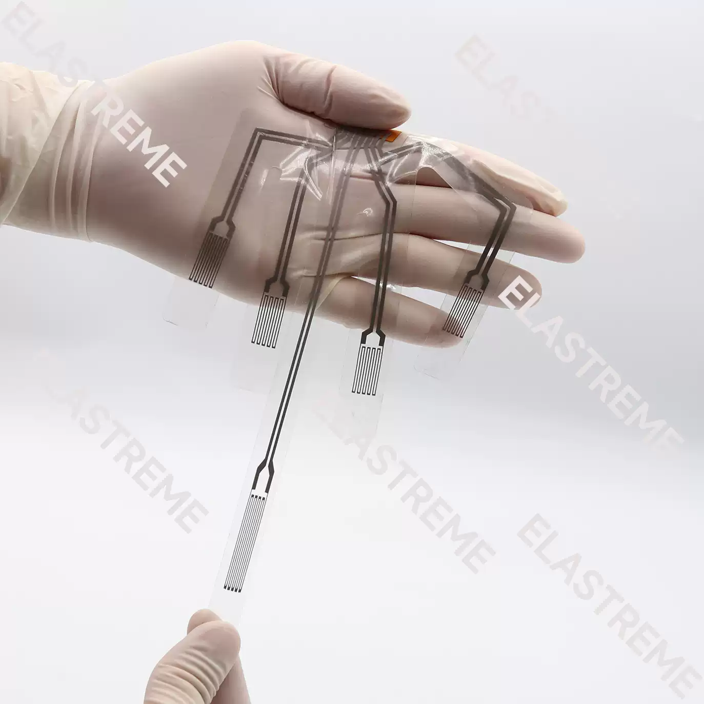 Elastreme Sense Manu-5D Electronic Skin and Data Glove — Manu-5D sensor film held to demonstrate its flexibility.